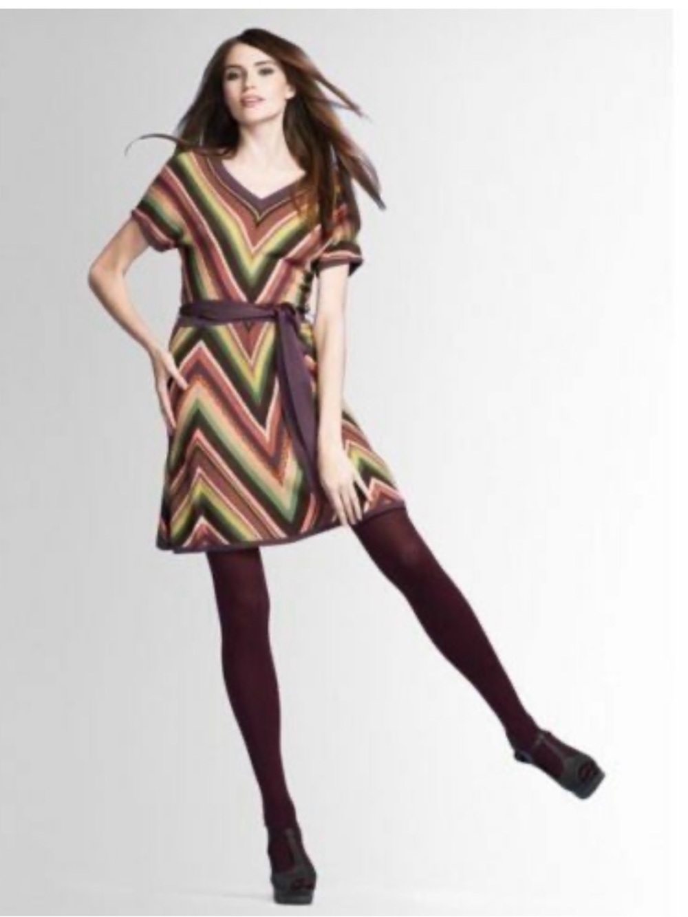 RARE Jessica Simpson pink purple green chevron sweater dress with belt M